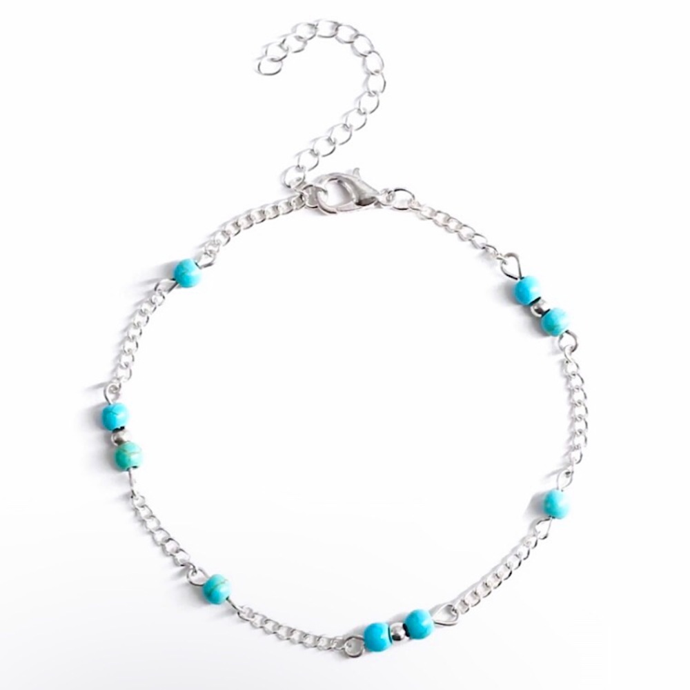 💜10/$25💜NEW Turquoise & Silver Beaded Bohemian Anklet - Picture 6 of 8